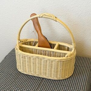 Vintage Wicker Rattan Caddy Basket Yellow Organizer Tabletop Kitchen Decor 70s